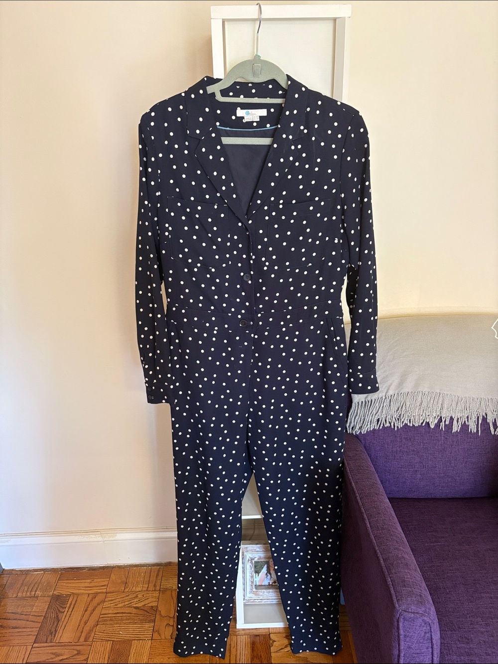 Boden Navy Polka Dot Long-Sleeve Jumpsuit